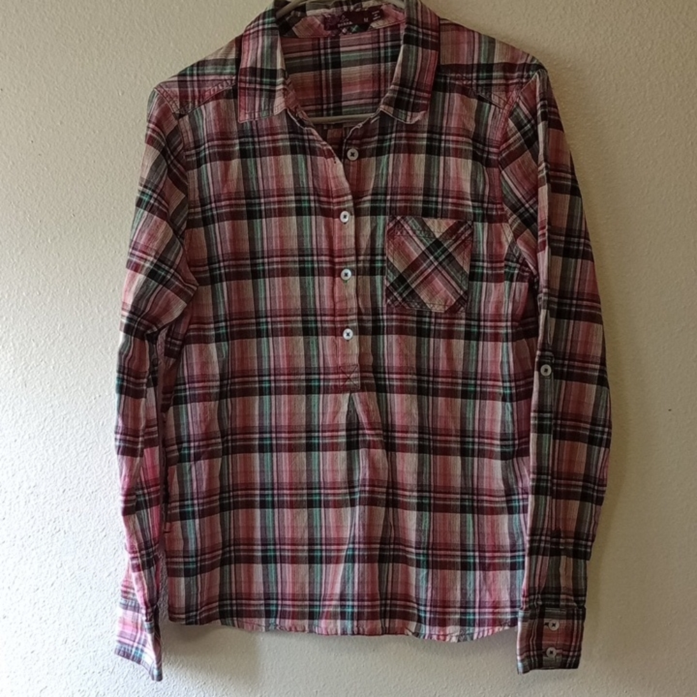 Prana Plaid Pink Henley Button Down  Outdoor Casual Top Organic Cotton Size M